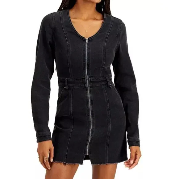 Tinseltown | Dresses | Tinsel Town Black Cotton Blend Denim Front Zipper  Long Sleeve Mini Dress Small | Poshmark